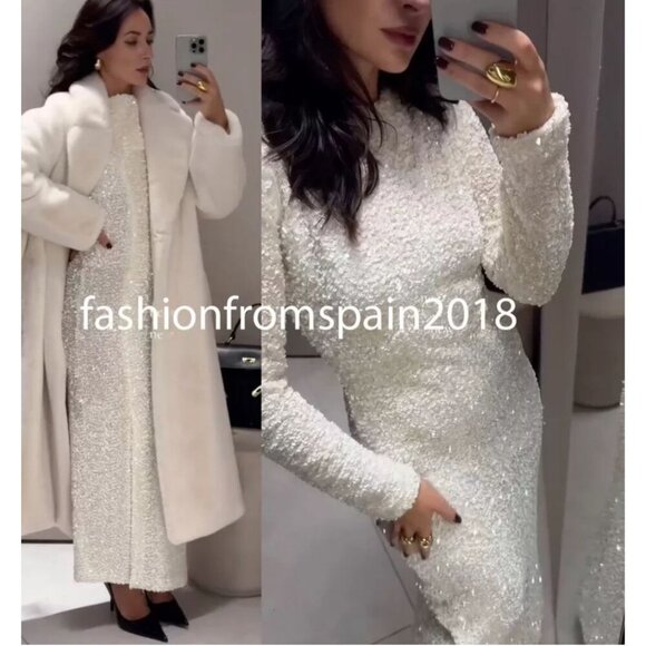 Zara Women Open Back Removable Long Sleeve Multiposition Sequin Dress Ivory Sz S - Picture 10 of 14